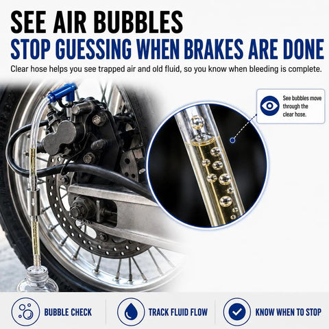 Two Pack Brake Bleeder Hose Kit for Cars and Motorcycles showing air bubbles in clear hose with one-way valve setup on wheel