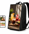 Turn Heads And Crush Your Outdoor Promo Game With This Big Screen 21 Inch Digital Advertising Backpack Featuring Touchscreen Display And Smart App Remote Built For Street Teams Ready To Slam Any Campaign, showcasing drinks on-screen.