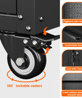 Close-up of lockable caster wheel with pegboard, handle, lock with keys, and anti-collision pads on metal garage storage cabinet with wheels.