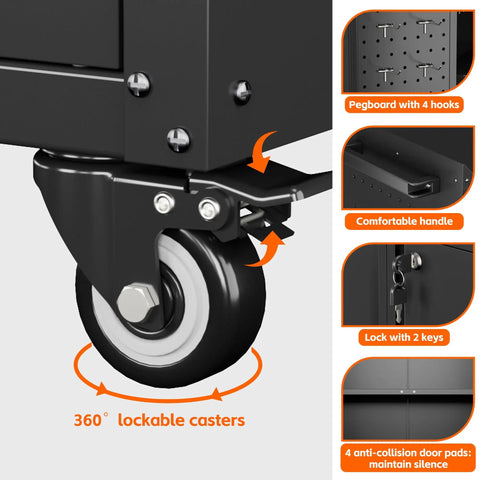 Close-up of lockable caster wheel with pegboard, handle, lock with keys, and anti-collision pads on metal garage storage cabinet with wheels.