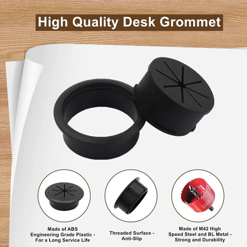 2 Pack Desk Grommet 2 Inch 50 Mm Hole Cover For Cables Black desk cord hole cover with drill attachment on wood texture