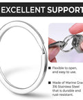 Metal key ring shown with flexibility and durability features, made of Marine Grade 316 stainless steel, easy to use and rust-resistant.