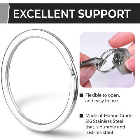 Metal key ring shown with flexibility and durability features, made of Marine Grade 316 stainless steel, easy to use and rust-resistant.