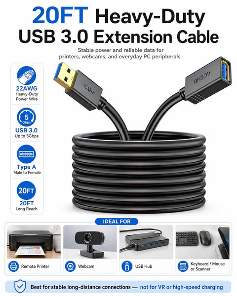 Long Reach USB 3.0 Extension Cable 20 Ft Heavy Duty 22AWG Power Wire USB Extender Cord Type A Male To Female High Speed 5Gbps For printers and webcams