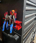 Red magnetic screwdriver holder and heavy duty tool organizer rack mounted on tool cart with screwdrivers and pliers