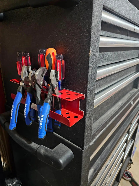 Red magnetic screwdriver holder and heavy duty tool organizer rack mounted on tool cart with screwdrivers and pliers