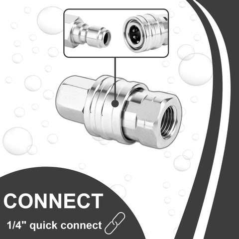 Power Town stainless steel 1/4-inch quick-connect pressure washer fitting with male and female NPT ends.