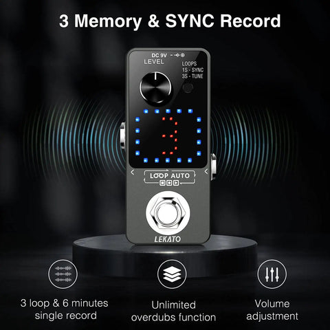 Three Loop Guitar Looper Pedal With 18 Minute Recording Time, Sync And Tuner Features, And 9 Volt 0.6 Amp Power Supply on display