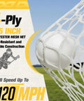 Close-up of lacrosse ball hitting the net, promoting 4-ply 1.5 inch polyester mesh net for 6x6x7 Ft Lacrosse Goal With Upgrade Square Steel Frame Base Foldable Portable Net Includes Carry Bag For Backyard Field Outdoor Training For Youth And Adults
