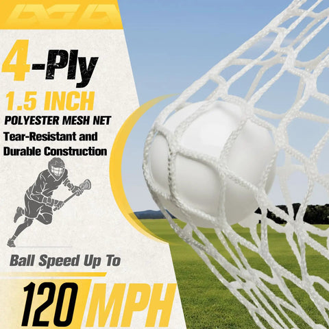 Close-up of lacrosse ball hitting the net, promoting 4-ply 1.5 inch polyester mesh net for 6x6x7 Ft Lacrosse Goal With Upgrade Square Steel Frame Base Foldable Portable Net Includes Carry Bag For Backyard Field Outdoor Training For Youth And Adults