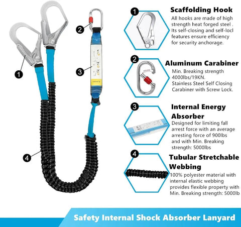 6ft Internal Shock Absorbing Lanyard With Double Snap Hook Connectors For Fall Protection Equipment, product diagram