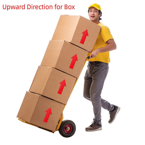 Delivery person with boxes showing upward arrow, highlighting use for 40 Piece 8 Inch Arrow Sticker Set Removable Adhesive Directional Floor Decals.