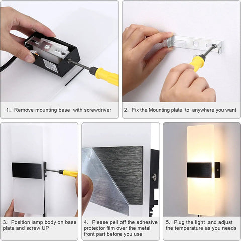 Installation steps for Plug In Wall Light Sconce With Adjustable Color Temperature, 12W Indoor Lamp, 3 Color Temperatures, 2 Pack