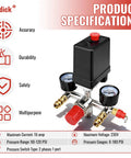 Adjustable 90-120 PSI Air Compressor Pressure Switch Valve With 0-180 PSI Gauge And Vertical Manifold Regulator Durable Metal And Plastic Build Easy Install And Precise Start Stop Pressure Control