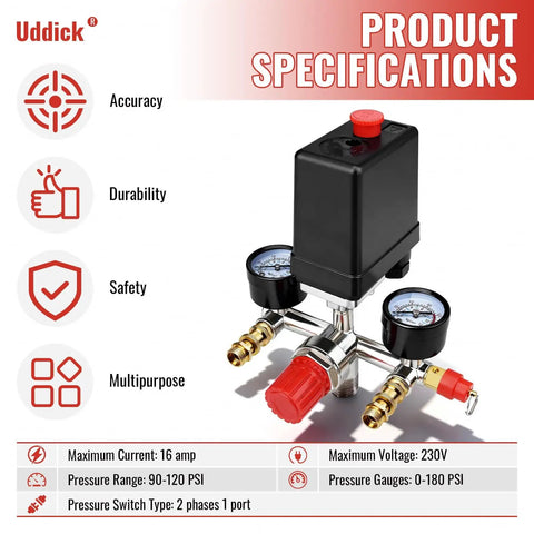 Adjustable 90-120 PSI Air Compressor Pressure Switch Valve With 0-180 PSI Gauge And Vertical Manifold Regulator Durable Metal And Plastic Build Easy Install And Precise Start Stop Pressure Control