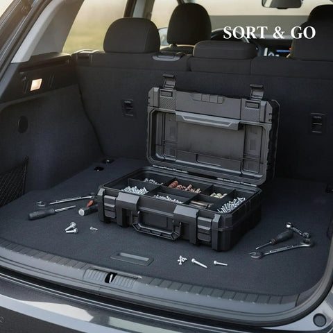 Portable Plastic Tool Box With Handle For Hardware Storage Black Great Grab And Go Garage Workbench Organizer in car trunk