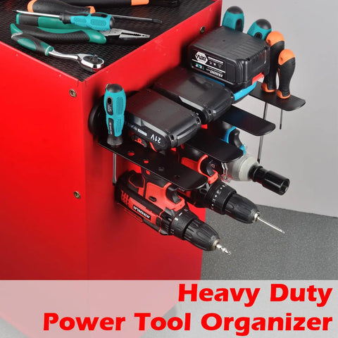 Heavy Duty Magnetic Power Tool Rack And Organizer For Garage Or Workshop With Four Slot Drill Holder attached to red metal