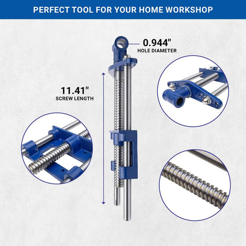 9 Inch Front Woodworking Vise With Guide Bars, Heavy Duty Cast Iron Body And Steel Main Screw in blue, detailed measurements