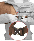 Person demonstrating quick disassembly of Adjustable Rifle And Shotgun Shoulder Shield With Leather Recoil Pad For Hunting And Archery.
