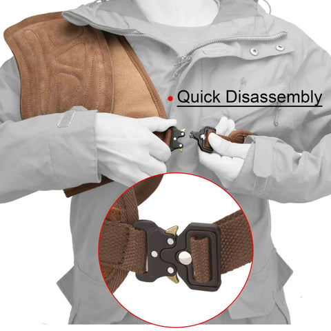 Person demonstrating quick disassembly of Adjustable Rifle And Shotgun Shoulder Shield With Leather Recoil Pad For Hunting And Archery.
