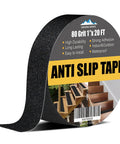 Heavy Duty Anti Slip Grip Tape With 80 Grit For Indoor Outdoor Stairs Non Slip Traction Treads Waterproof Sturdy Triple Layer Adhesive Black 1 Inch By 20 Feet shown in packaging, with staircase application depicted on label.