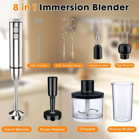 Killer 1000W Handheld Immersion Blender 8 In 1 Multi Tool Mixer Chopper Frother with attachments on display.