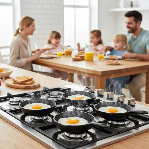 Four Pack Mini Cast Iron Skillets 4 Inch With Double Drip Spouts cooking eggs on stove with family dining in background
