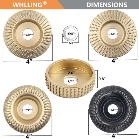 Five Piece Wood Carving Disc Set For Angle Grinders With Five Eighth Inch Arbor Carbon Steel Grinding Wheels Pro Grade Includes Four Inch And Four And A Half Inch Attachments For Fast Wood Shaping Carving And Stock Removal shown with dimensions.