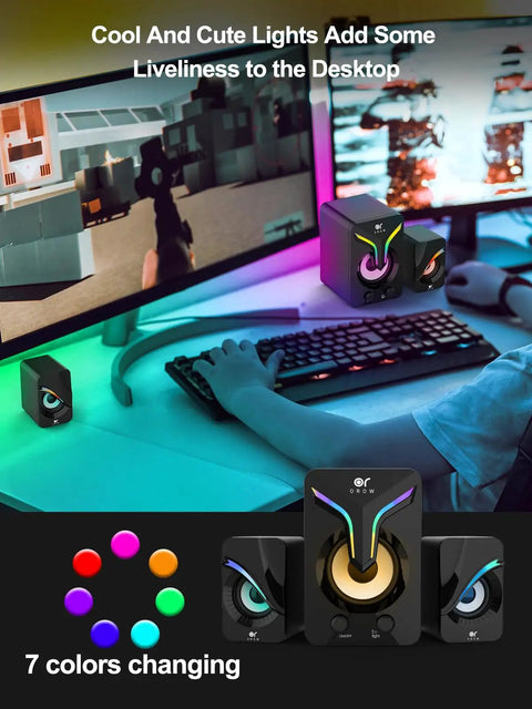 Person using 2.1 Channel Desktop Speakers With Subwoofer And RGB Lighting USB Powered Gaming Speaker on gaming setup