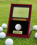 Golf Ball Display Case For Hole In One Memorabilia, Premium Walnut Wood Box With Engraved Metal Plate, UV Protected Cover outdoors