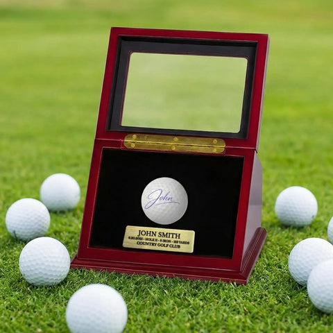 Golf Ball Display Case For Hole In One Memorabilia, Premium Walnut Wood Box With Engraved Metal Plate, UV Protected Cover outdoors