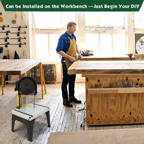 Portable Band Saw Stand Table in workshop with Milwaukee Deep Cut Saws, adjustable height for versatile use and easy setup.