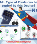 Handheld 125KHz RFID Copier Duplicator For T5577 And EM4305 Cards showing card compatibility and limitations