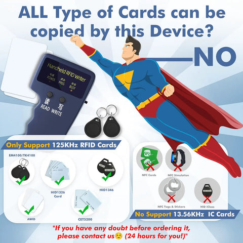 Handheld 125KHz RFID Copier Duplicator For T5577 And EM4305 Cards showing card compatibility and limitations