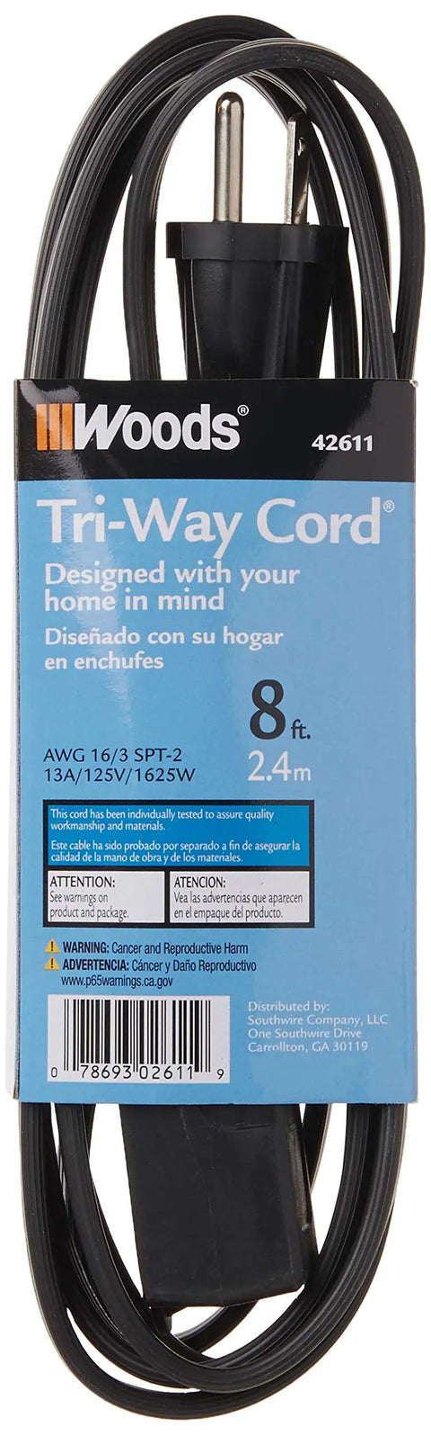 Light Duty Indoor Extension Cord 8 Foot 16 Gauge 3 Conductor With 3 Outlets Flat Design For Low Profile Clutter Free Setup 13 Amp 125 Volt Power Cord Black packaged with label