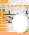 12 Inch LED Flush Mount Ceiling Light 25W 3000 Lumens Dope Bright Dimmable With Five Color Temperature Options From 2700K To 5000K CRI 95 Plus Flat White Surface Mount For Bedroom Hallway Dining Room And Garage, shown with lighting specs.