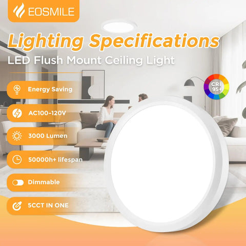 12 Inch LED Flush Mount Ceiling Light 25W 3000 Lumens Dope Bright Dimmable With Five Color Temperature Options From 2700K To 5000K CRI 95 Plus Flat White Surface Mount For Bedroom Hallway Dining Room And Garage, shown with lighting specs.