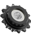 12 Tooth Roller Chain Sprocket For ISO 06B, 40mm OD, 8mm Bore, Three Eighth Inch Pitch Idler With Single Bearing, Heavy Duty Black Oxide Finish