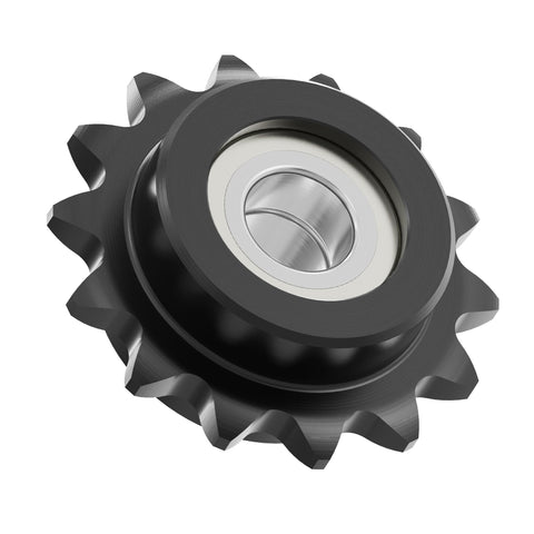 12 Tooth Roller Chain Sprocket For ISO 06B, 40mm OD, 8mm Bore, Three Eighth Inch Pitch Idler With Single Bearing, Heavy Duty Black Oxide Finish