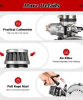 49cc Two Stroke Pull Start Engine Kit With Single Cylinder Air Cooled Design showing carburetor, air filter, and pull start mechanism