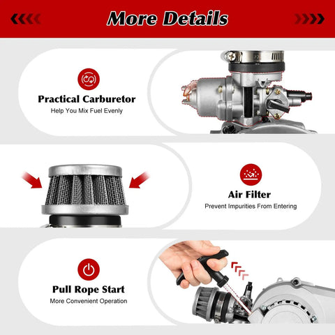 49cc Two Stroke Pull Start Engine Kit With Single Cylinder Air Cooled Design showing carburetor, air filter, and pull start mechanism
