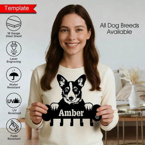 Woman holding Custom Name Boxer Wall Mount Leash Holder With Bone Plaque And Hooks, dog room decor piece displayed indoors.