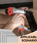 Top Shelf 5000 Count 16 Gauge Galvanized Finish Nails Assorted Lengths Engineered For Pneumatic And Electric Brad Nailers closeup of nail gun in use.