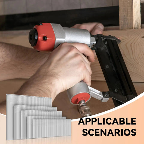 Top Shelf 5000 Count 16 Gauge Galvanized Finish Nails Assorted Lengths Engineered For Pneumatic And Electric Brad Nailers closeup of nail gun in use.