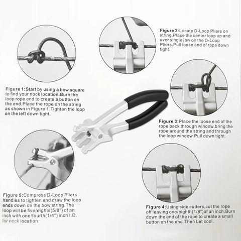 Archery D Loop Pliers For Compound Bow D Ring Install Tool with instructions showing aluminum construction and easy grip