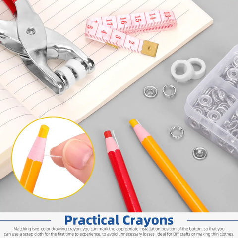 Comprehensive 407 Piece Metal Snap Button Kit featuring Three Eighths Inch Silver Fasteners, heavy duty press pliers, tape measure, and crayons.