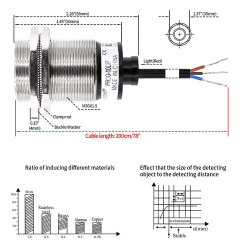 Inductive M30 Proximity Sensor Switch PR30-10DP Cylindrical 10mm Sensing Distance DC 12-24V Shielded 3-Wire PNP Normally Open Heavy-Duty Plug And Play Industrial Grade Sensor with M30x1.5 thread and 200cm cable