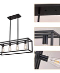 Black Four Light Kitchen Island Pendant Chandelier Fixture with metal frame and clear bulbs, industrial farmhouse design.