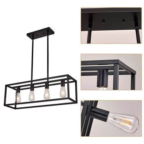 Black Four Light Kitchen Island Pendant Chandelier Fixture with metal frame and clear bulbs, industrial farmhouse design.