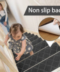 Child on stairs with Non Slip Carpet Stair Treads for Indoor Steps 15 Pack 8 by 30 Inch with Reusable Adhesive Safe for Elders Kids and Dogs Grey Non Skid Stair Runner Mats